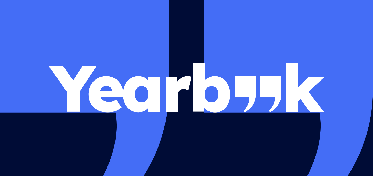 Yearbook wordmark in white across brand blue and deep navy quotation-mark shapes